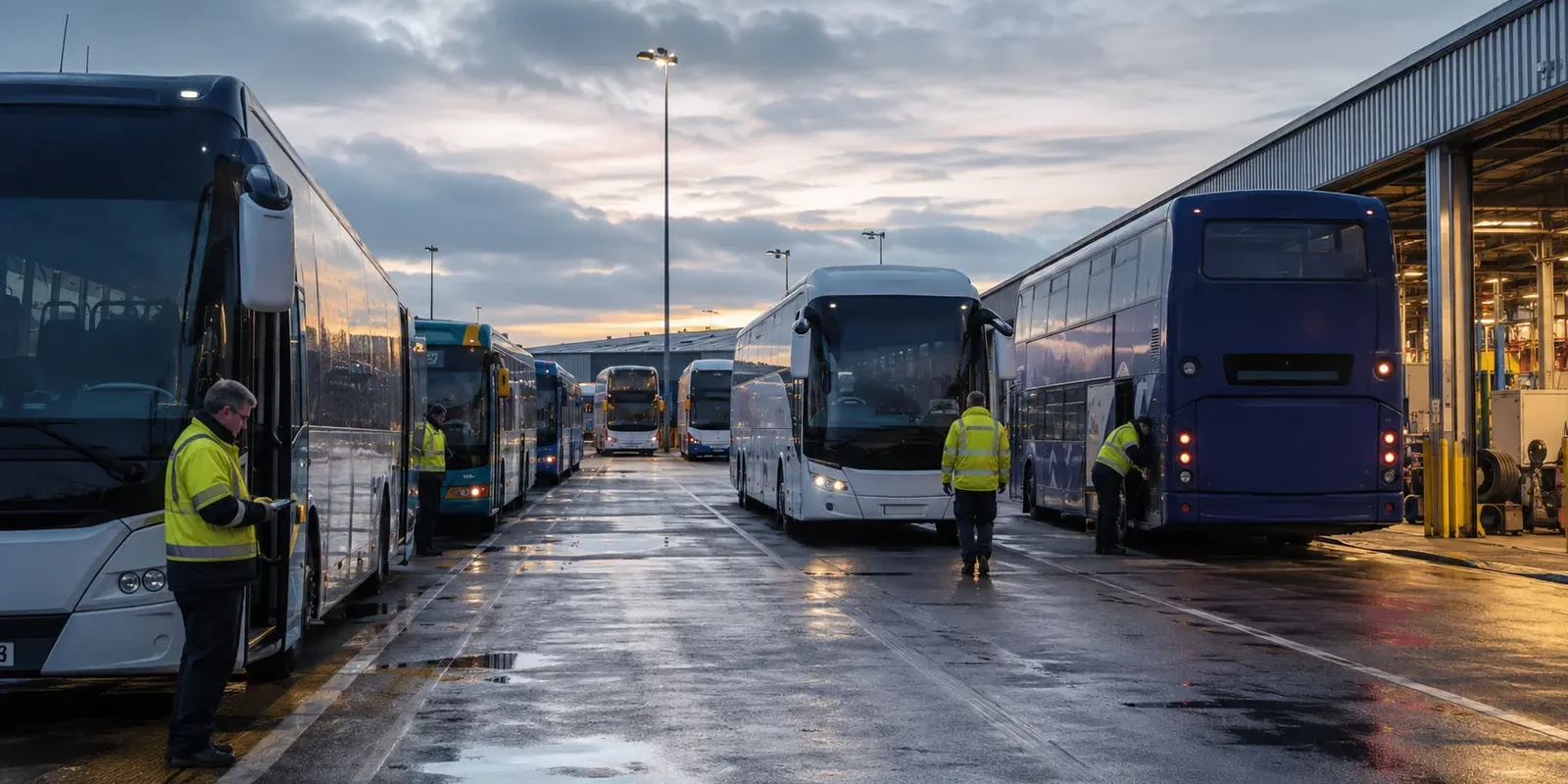 Buses parked at a depot with staff alongside them