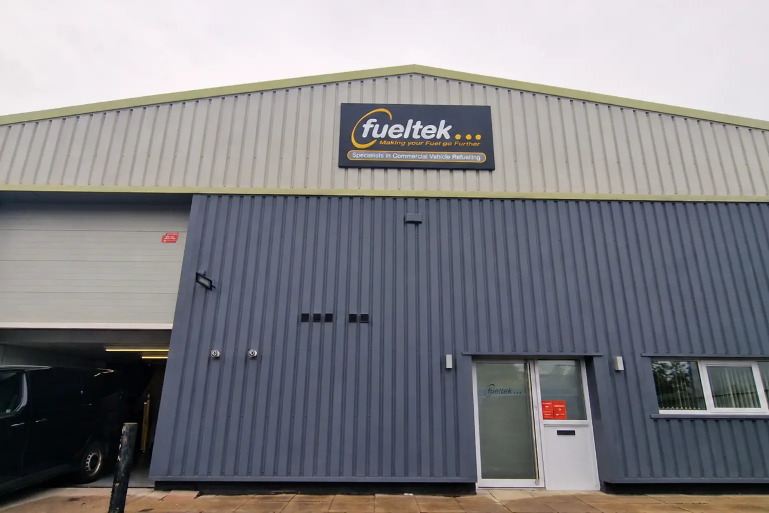 Exterior of Fueltek's Blackburn building, showing its entrance and signage